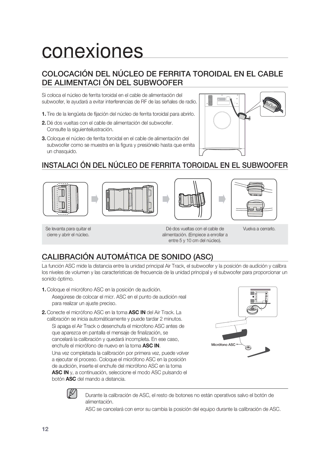 Samsung HW-F850/ZF manual Instalaci ÓN DEL Núcleo DE Ferrita Toroidal EN EL Subwoofer, Calibración Automática DE Sonido ASC 