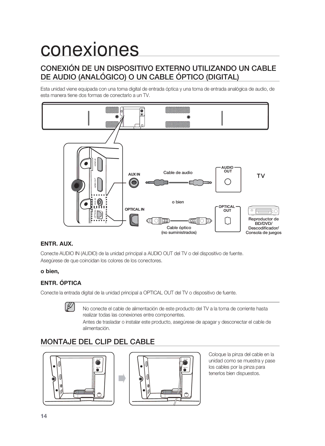 Samsung HW-F850/ZF manual Montaje DEL Clip DEL Cable, Cable de audio 