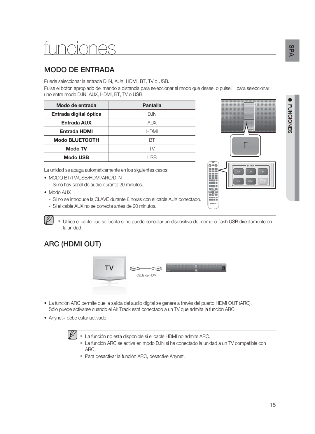 Samsung HW-F850/ZF Funciones, Modo DE Entrada, Modo de entrada Pantalla Entrada digital óptica Entrada AUX, Entrada Hdmi 