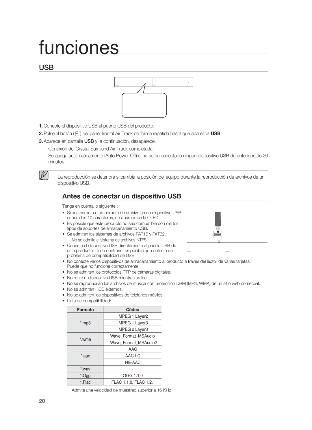 Samsung HW-F850/ZF manual Antes de conectar un dispositivo USB, Formato Códec 