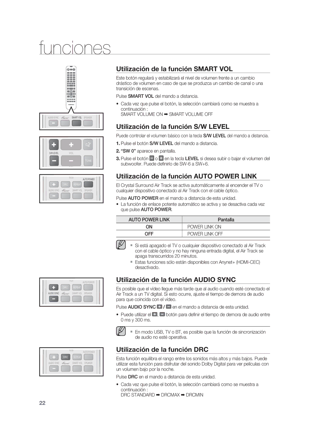 Samsung HW-F850/ZF Utilización de la función Smart VOL, Utilización de la función S/W Level, Utilización de la función DRC 