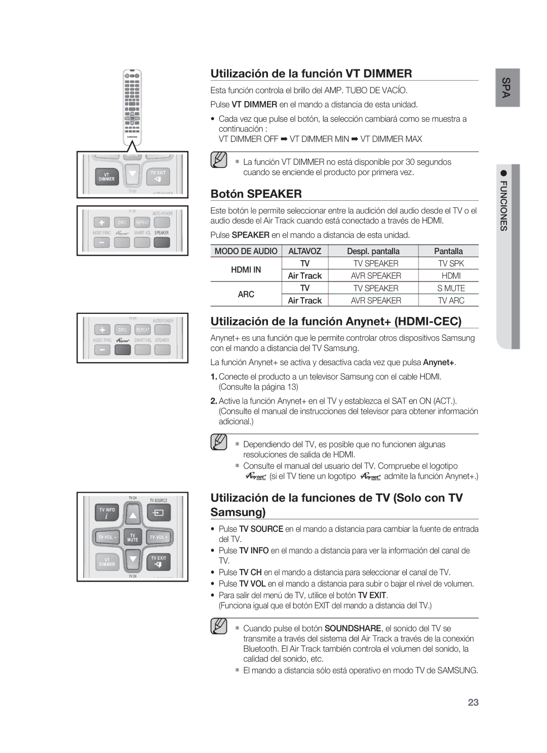 Samsung HW-F850/ZF manual Utilización de la función VT Dimmer, Botón Speaker, Utilización de la función Anynet+ HDMI-CEC 