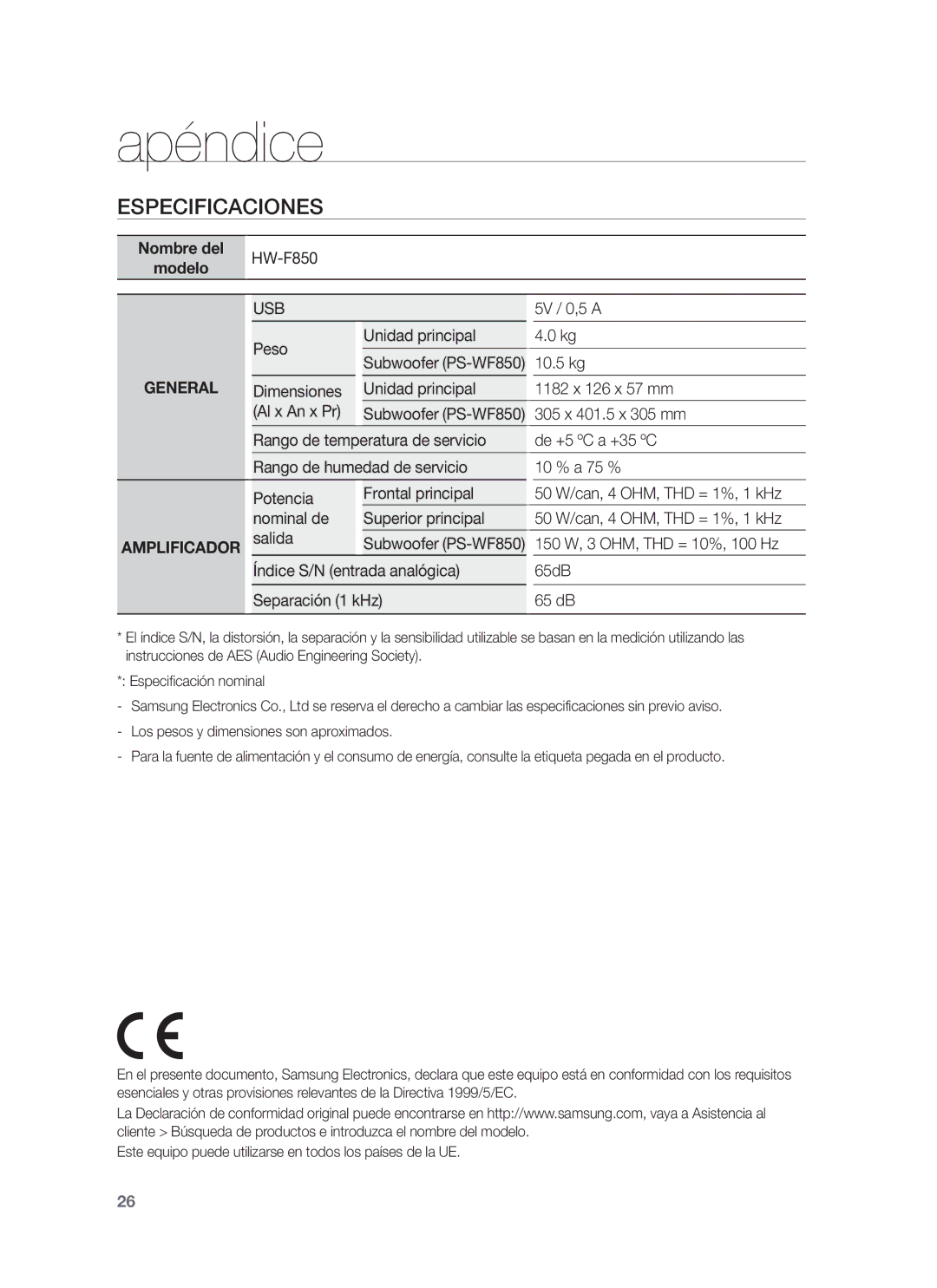 Samsung HW-F850/ZF manual Apéndice, Especificaciones, Subwoofer PS-WF850, General, Amplificador 