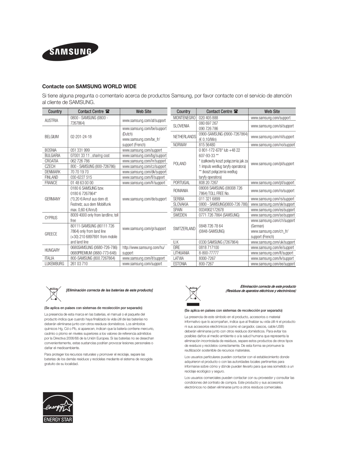 Samsung HW-F850/ZF manual Contacte con Samsung World Wide, Eliminación correcta de las baterías de este producto 