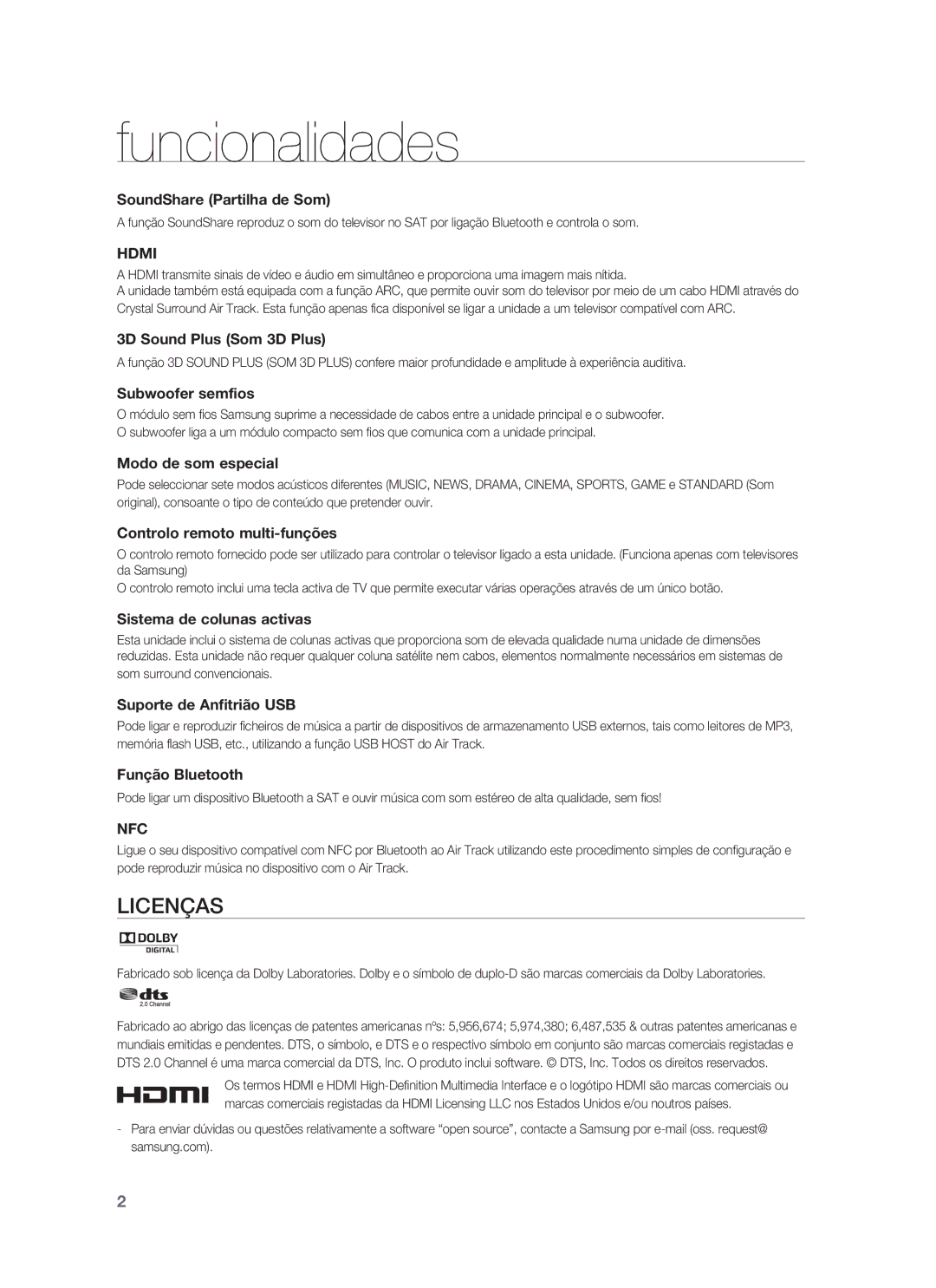 Samsung HW-F850/ZF manual Funcionalidades, Licenças 