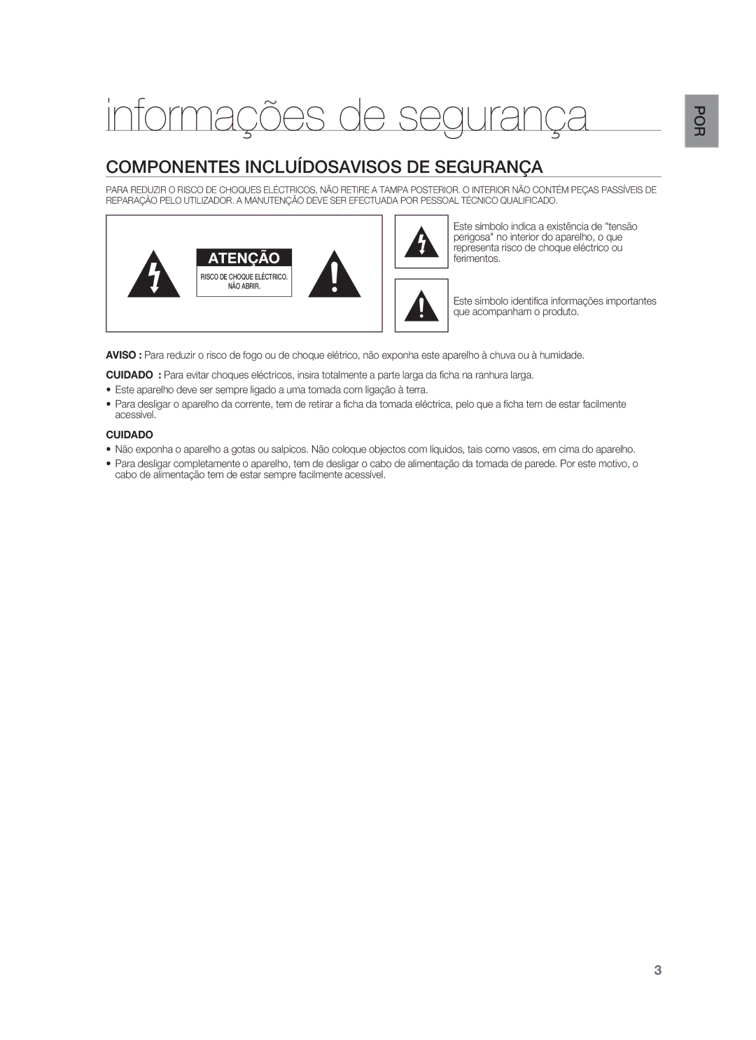 Samsung HW-F850/ZF manual Informações de segurança, Componentes Incluídosavisos DE Segurança 