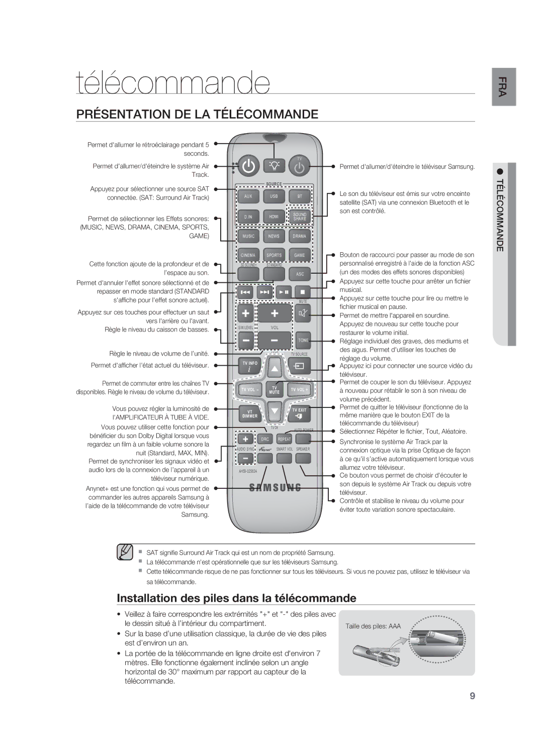 Samsung HW-F850/ZF manual Présentation DE LA Télécommande, Installation des piles dans la télécommande 