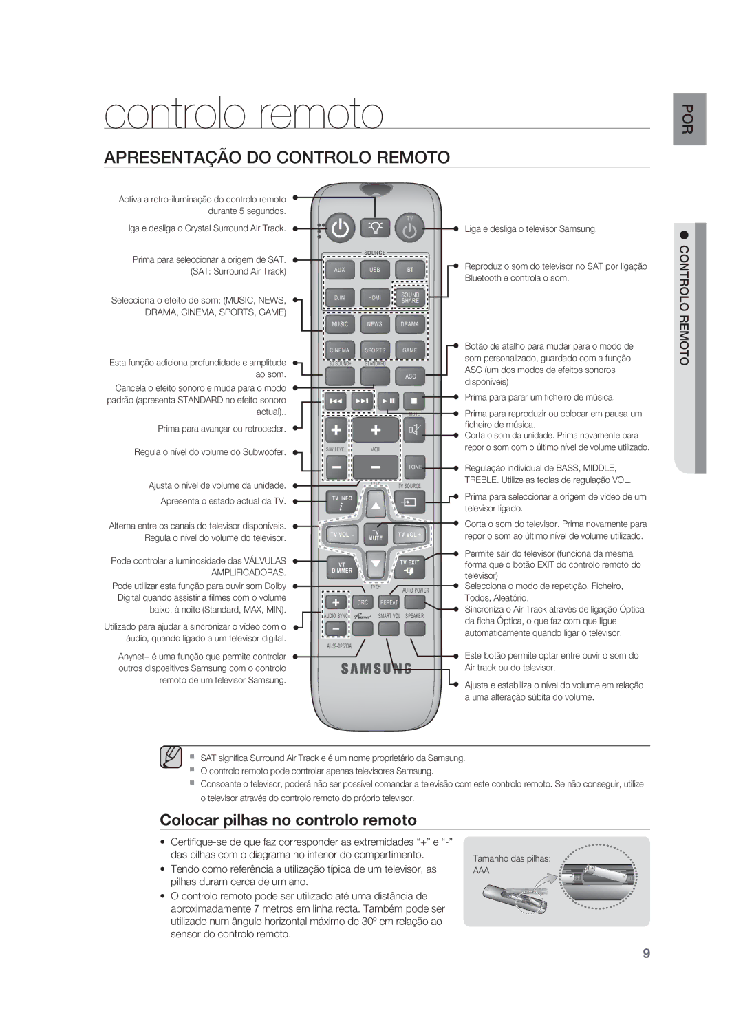 Samsung HW-F850/ZF manual Controlo remoto, Apresentação do Controlo Remoto, Colocar pilhas no controlo remoto 