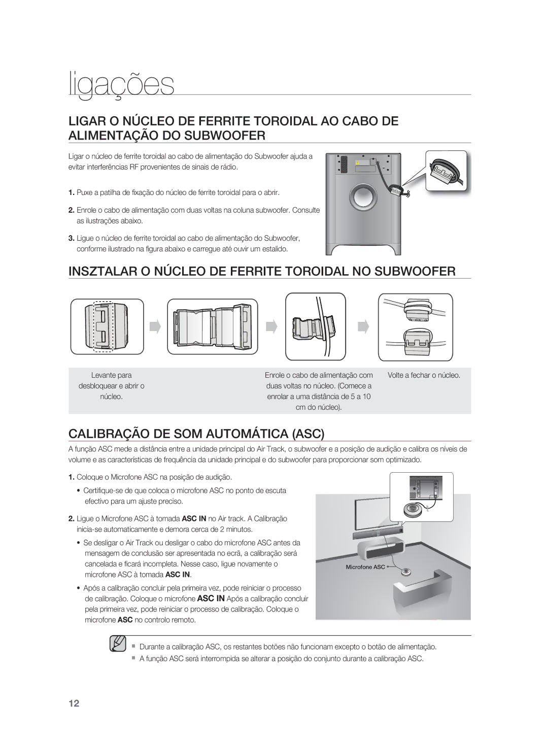 Samsung HW-F850/ZF manual Insztalar O Núcleo DE Ferrite Toroidal no Subwoofer, Calibração DE SOM Automática ASC 