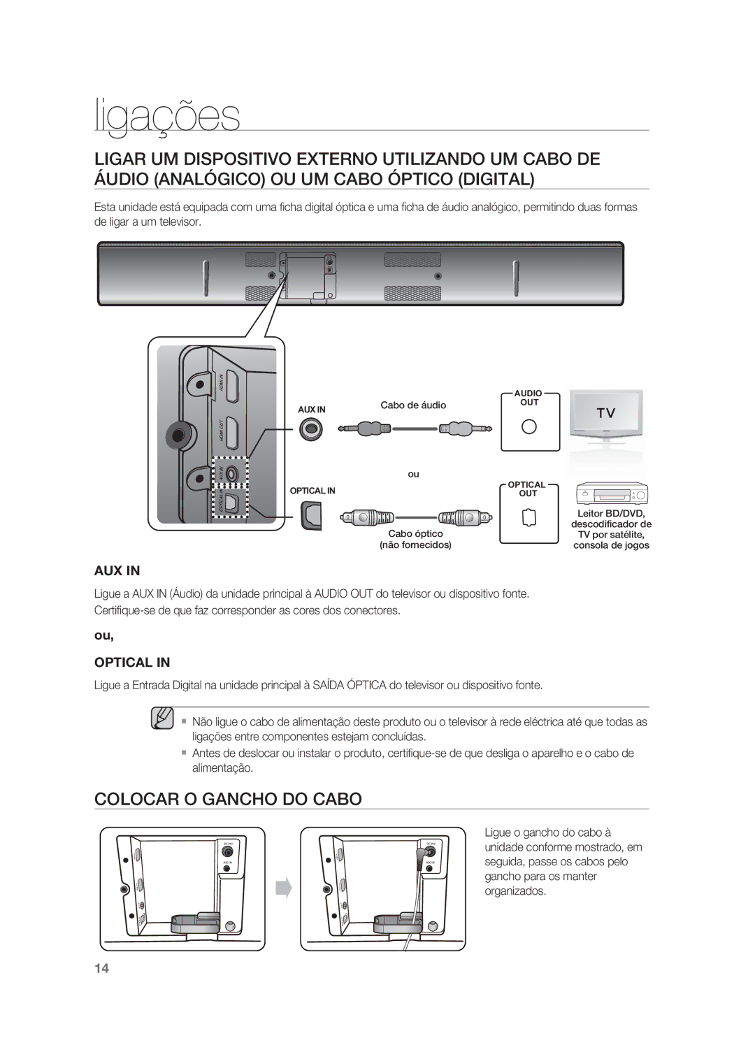 Samsung HW-F850/ZF manual Colocar O Gancho do Cabo, Cabo de áudio 