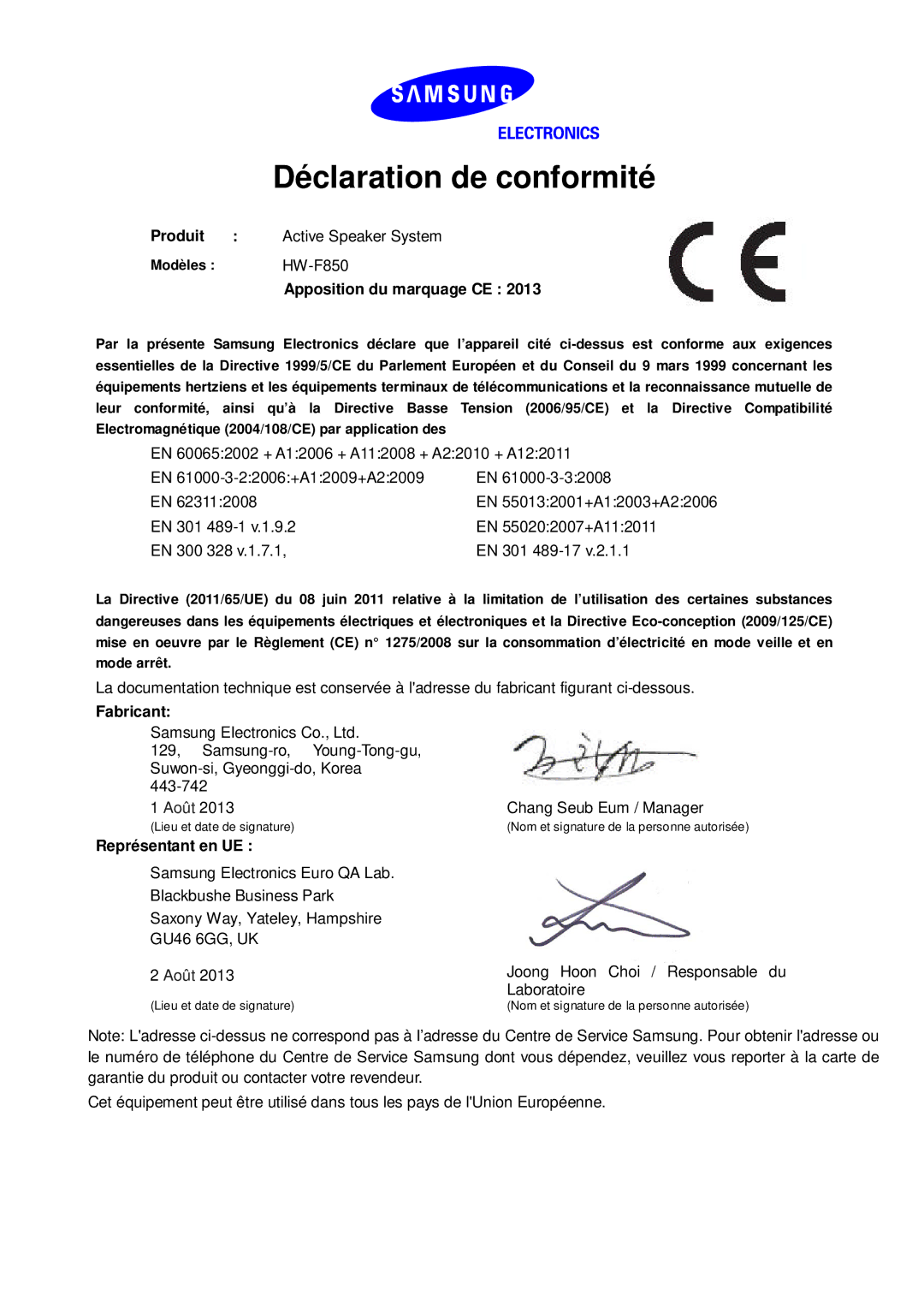 Samsung HW-F850/ZF manual Déclaration de conformité 