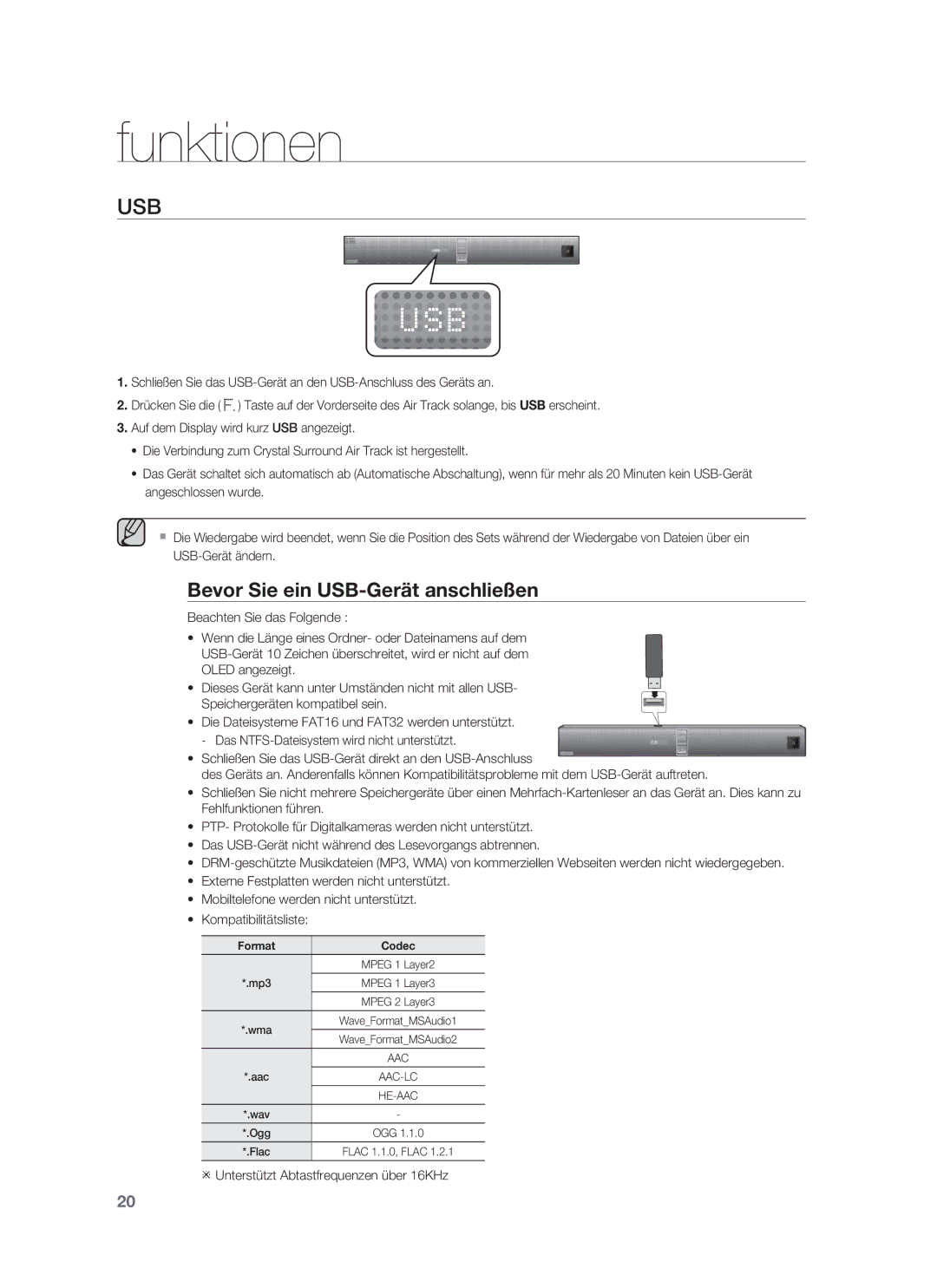 Samsung HW-F850/ZF, HW-F850/ZG, HW-F850/EN manual Usb, Bevor Sie ein USB-Gerät anschließen 