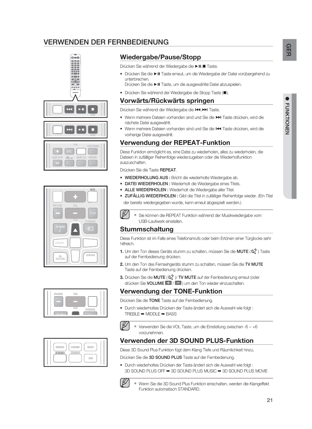 Samsung HW-F850/ZG, HW-F850/EN, HW-F850/ZF manual Verwenden DER Fernbedienung 