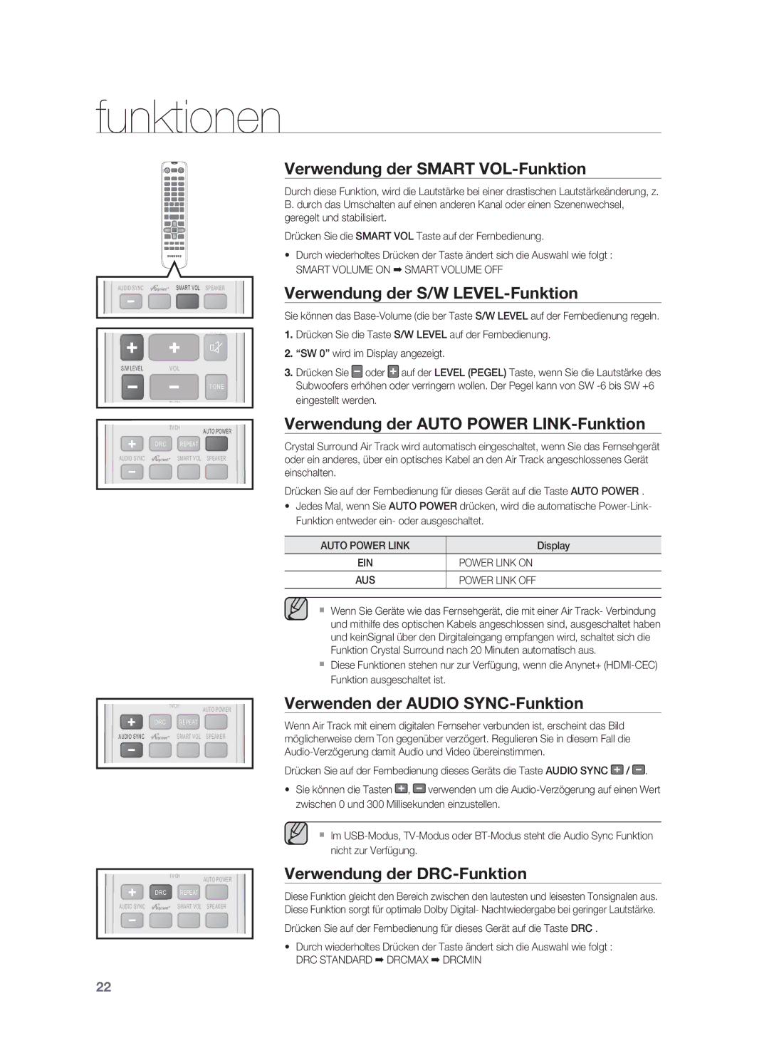 Samsung HW-F850/EN Verwendung der Smart VOL-Funktion, Verwendung der S/W LEVEL-Funktion, Verwenden der Audio SYNC-Funktion 