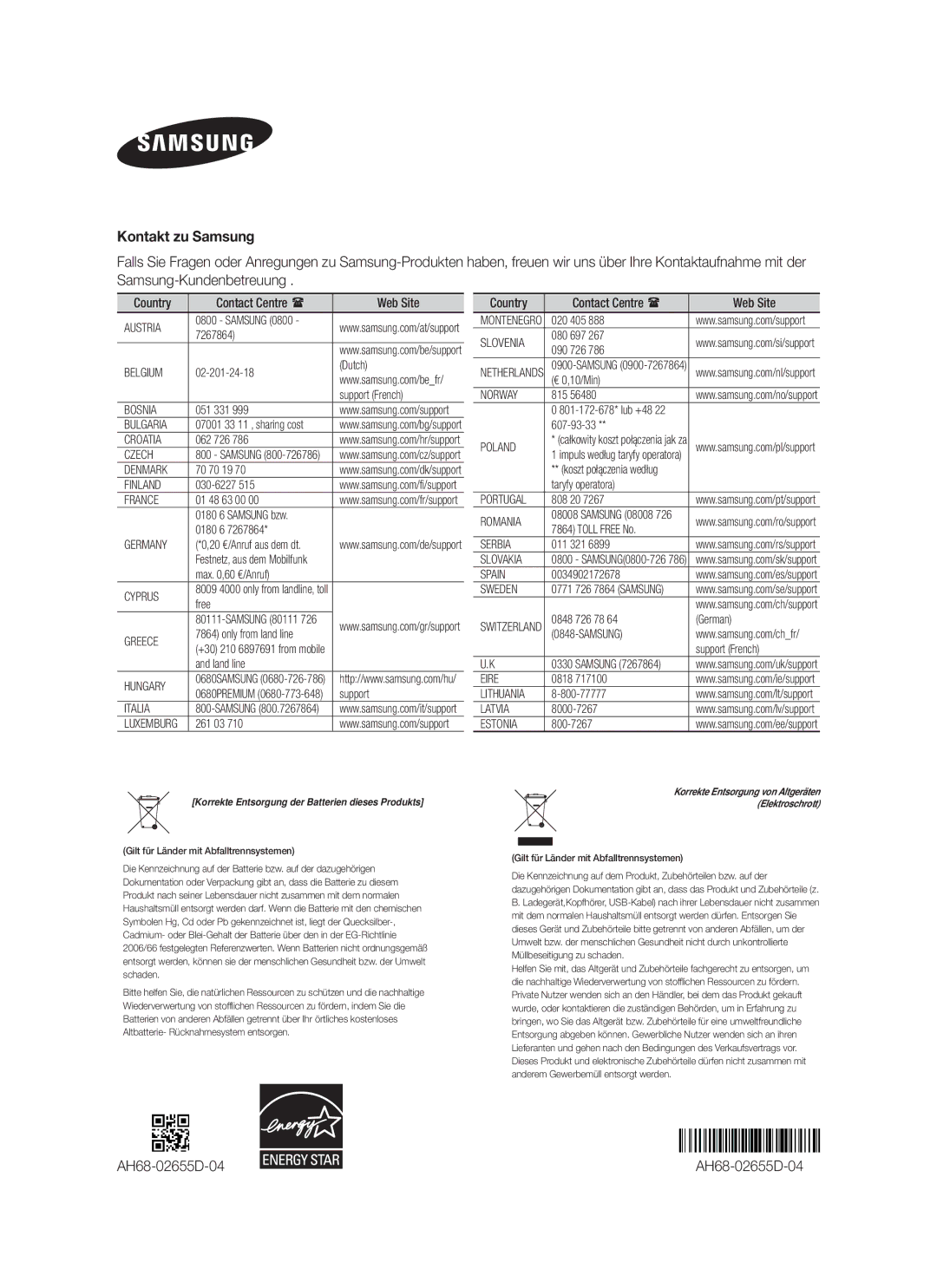 Samsung HW-F850/ZG, HW-F850/EN, HW-F850/ZF manual Kontakt zu Samsung 