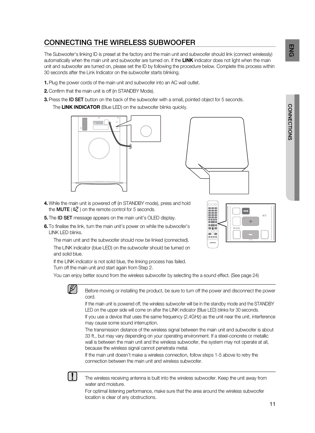 Samsung HW-F850/ZF manual Connecting the Wireless Subwoofer, Main unit and the subwoofer should now be linked connected 