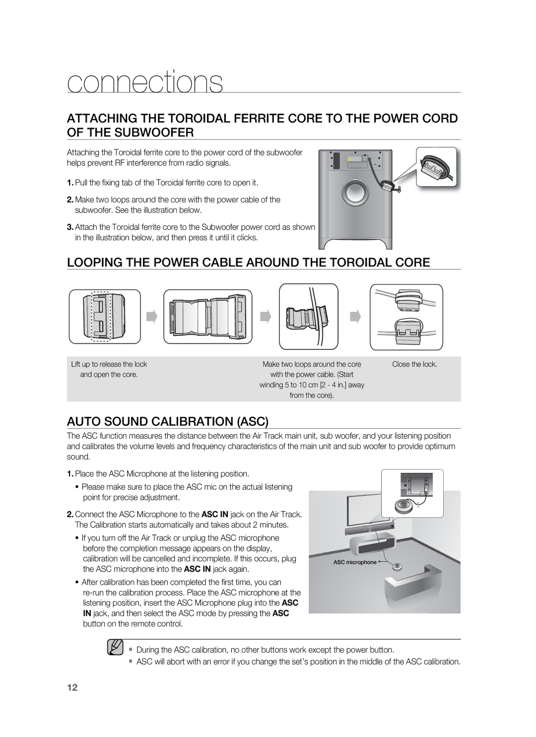 Samsung HW-F850/ZG, HW-F850/EN, HW-F850/ZF Looping the Power Cable around the Toroidal Core, Auto Sound Calibration ASC 