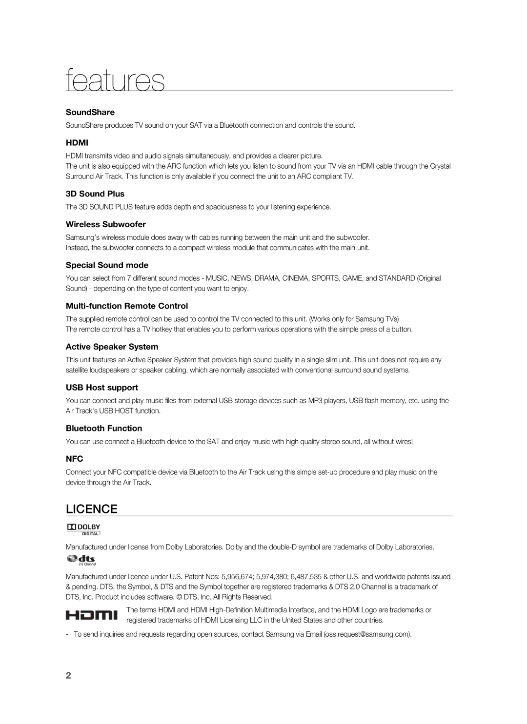 Samsung HW-F850/ZF, HW-F850/ZG, HW-F850/EN manual Features, Licence 