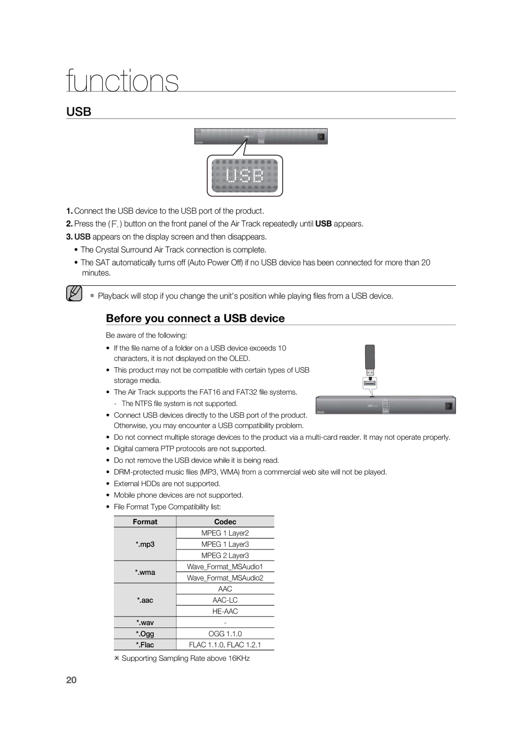 Samsung HW-F850/ZF, HW-F850/ZG, HW-F850/EN manual Usb, Before you connect a USB device 