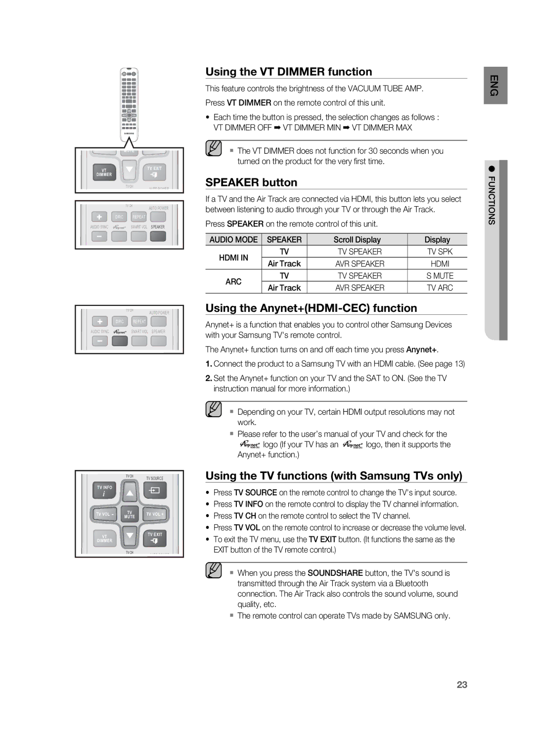 Samsung HW-F850/ZF, HW-F850/ZG, HW-F850/EN manual Using the VT Dimmer function 