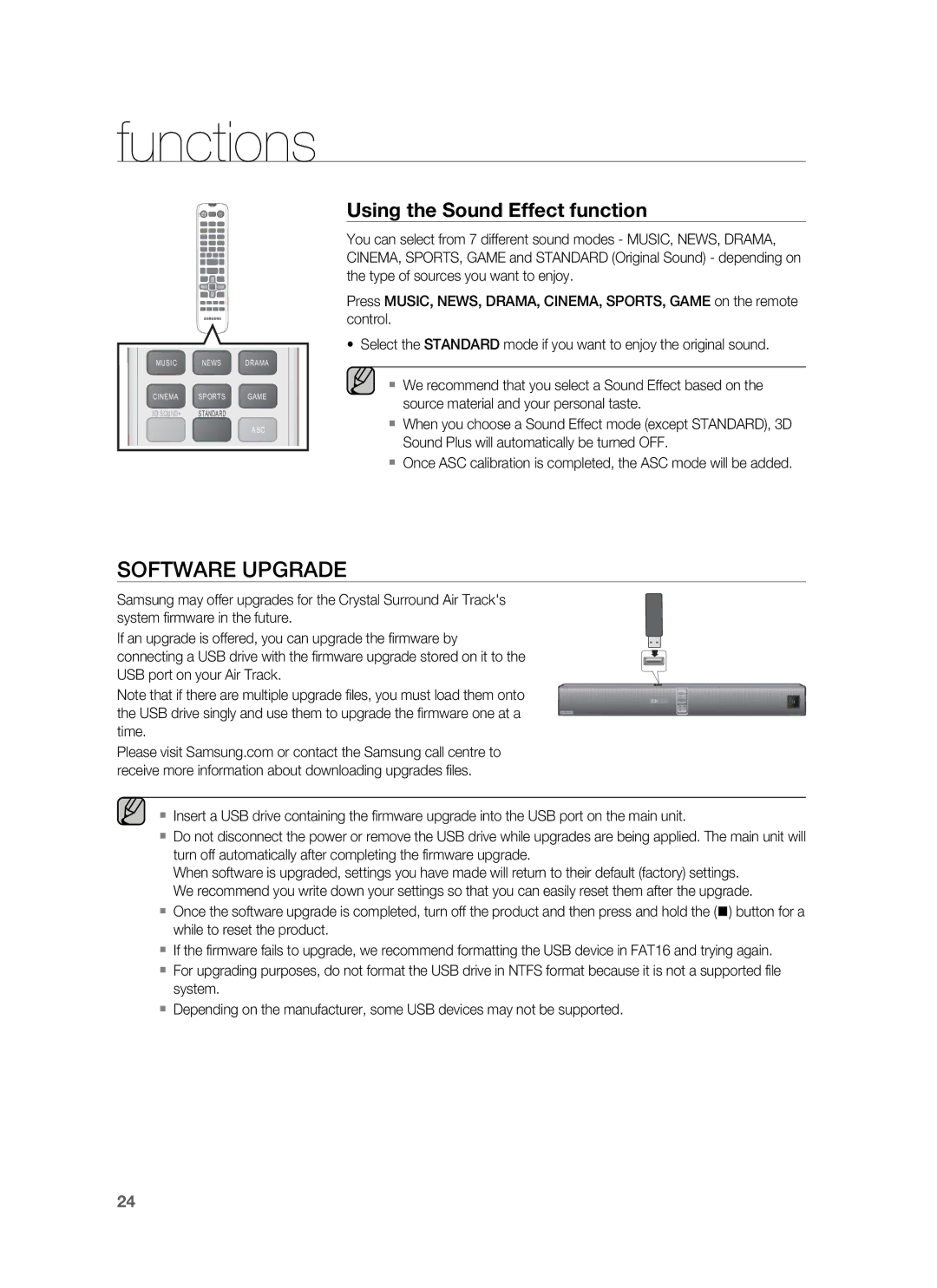 Samsung HW-F850/ZG, HW-F850/EN, HW-F850/ZF manual Software Upgrade, Using the Sound Effect function 