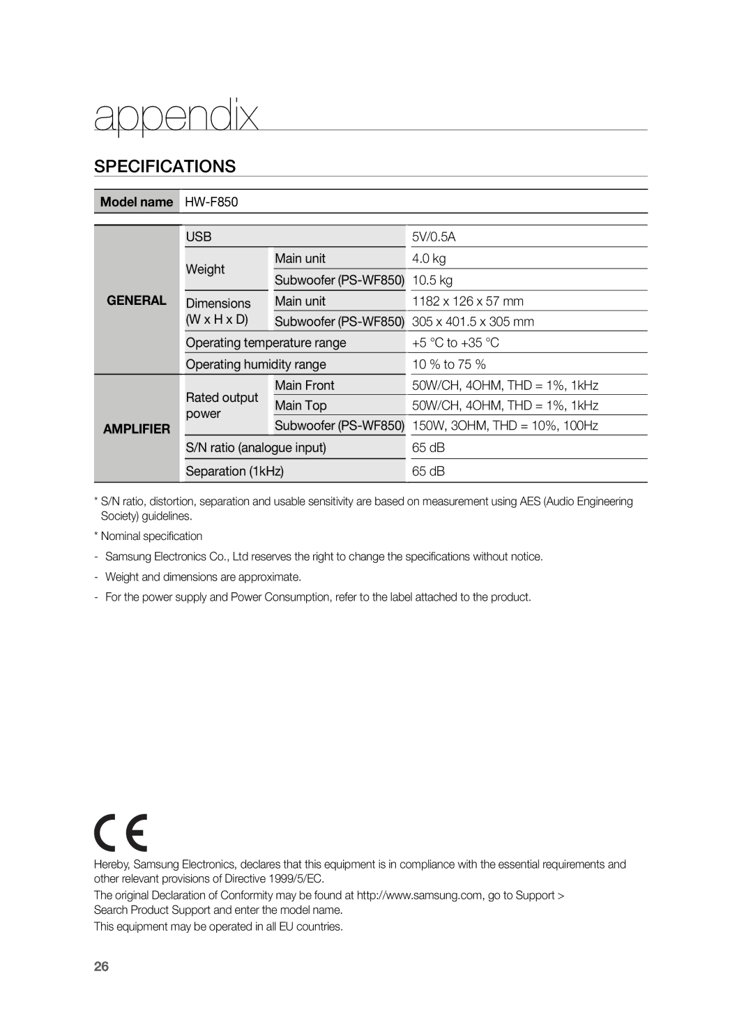 Samsung HW-F850/ZF, HW-F850/ZG, HW-F850/EN manual Appendix, Specifications 