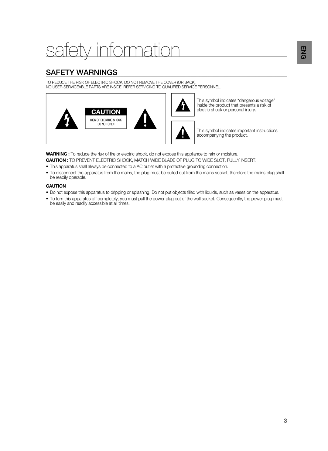 Samsung HW-F850/ZG, HW-F850/EN, HW-F850/ZF manual Safety information, Safety Warnings 