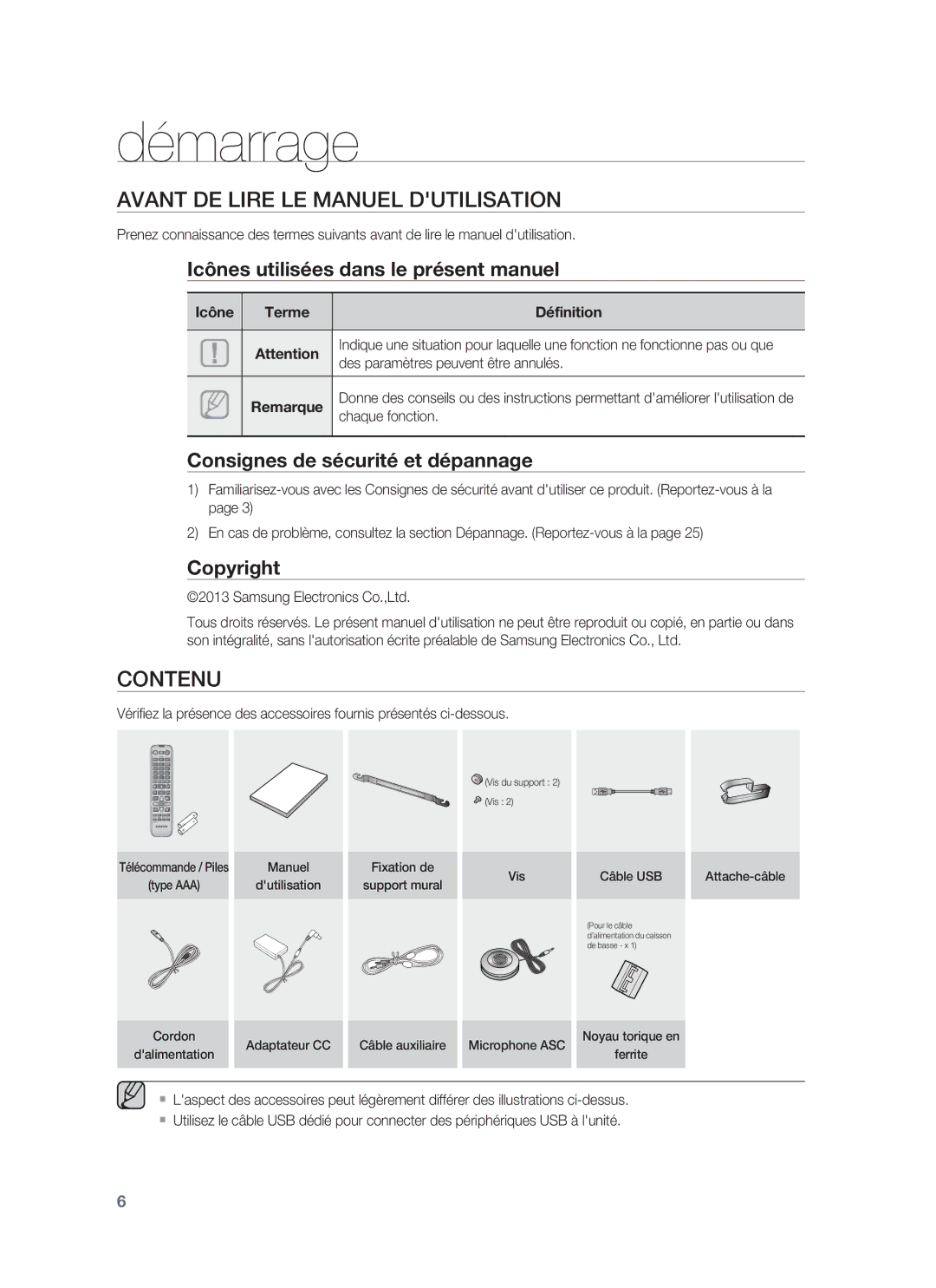 Samsung HW-F850/ZG, HW-F850/EN, HW-F850/ZF manual Démarrage, Avant DE Lire LE Manuel Dutilisation, Contenu 