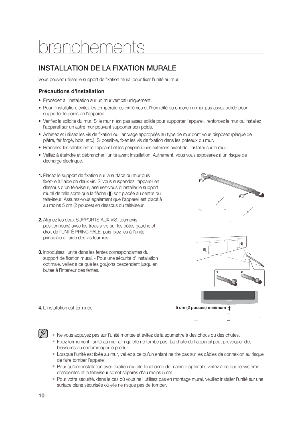 Samsung HW-F850/EN, HW-F850/ZG, HW-F850/ZF manual Branchements, Installation DE LA Fixation Murale 