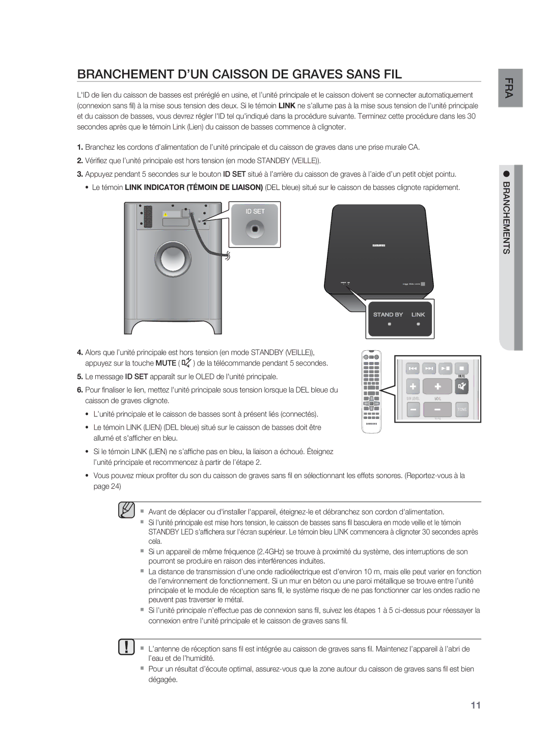 Samsung HW-F850/ZF, HW-F850/ZG, HW-F850/EN manual Branchement D’UN Caisson DE Graves Sans FIL 