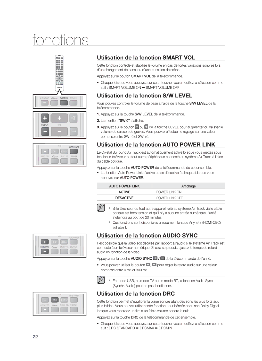 Samsung HW-F850/EN, HW-F850/ZG, HW-F850/ZF manual Utilisation de la fonction Smart VOL, Utilisation de la fonction S/W Level 