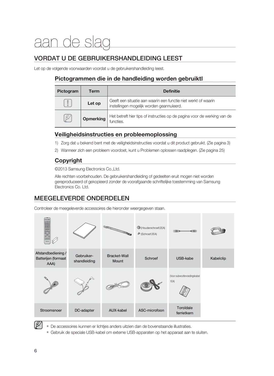 Samsung HW-F850/ZG, HW-F850/EN, HW-F850/ZF Aan de slag, Vordat U DE Gebruikershandleiding Leest, Meegeleverde Onderdelen 