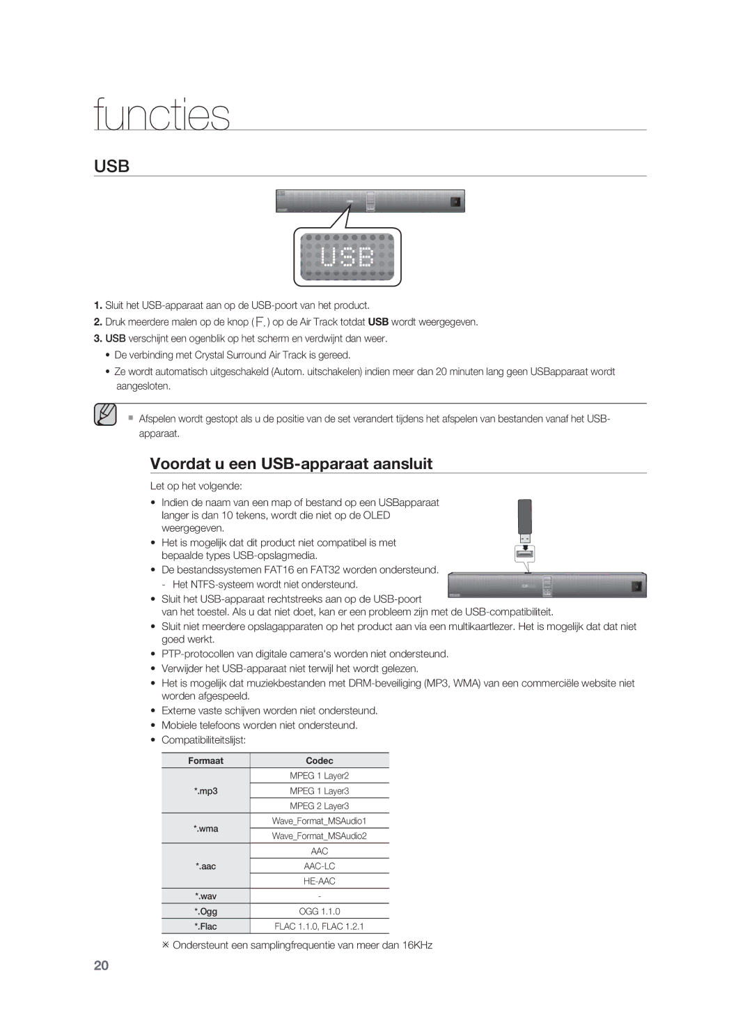 Samsung HW-F850/ZF, HW-F850/ZG, HW-F850/EN manual Voordat u een USB-apparaat aansluit, Formaat Codec 