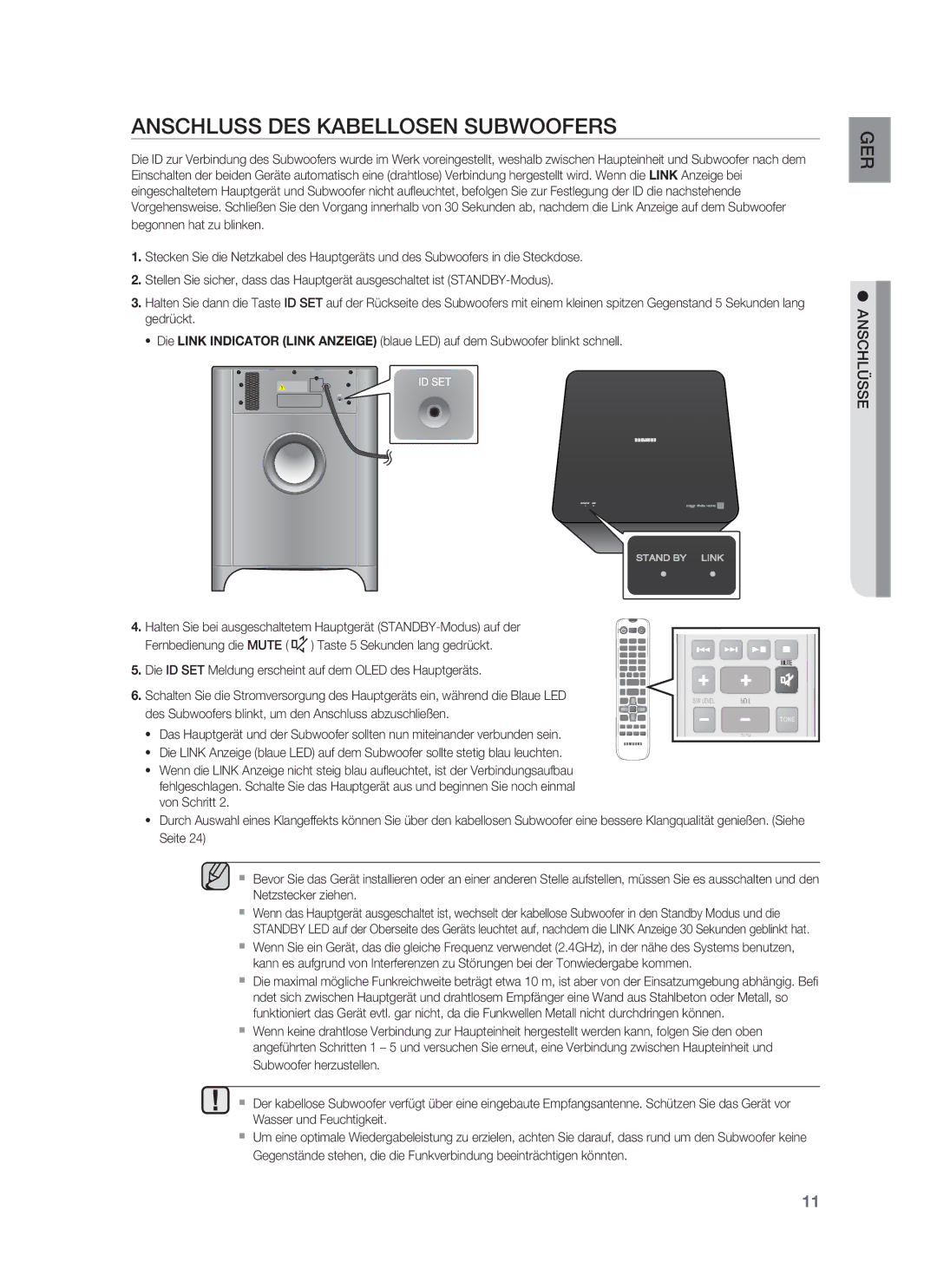 Samsung HW-F850/ZF, HW-F850/ZG, HW-F850/EN manual Anschluss DES Kabellosen Subwoofers 