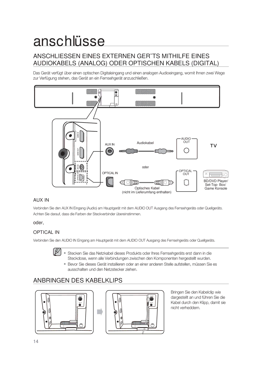 Samsung HW-F850/ZF, HW-F850/ZG, HW-F850/EN manual Anbringen DES Kabelklips, Oder 