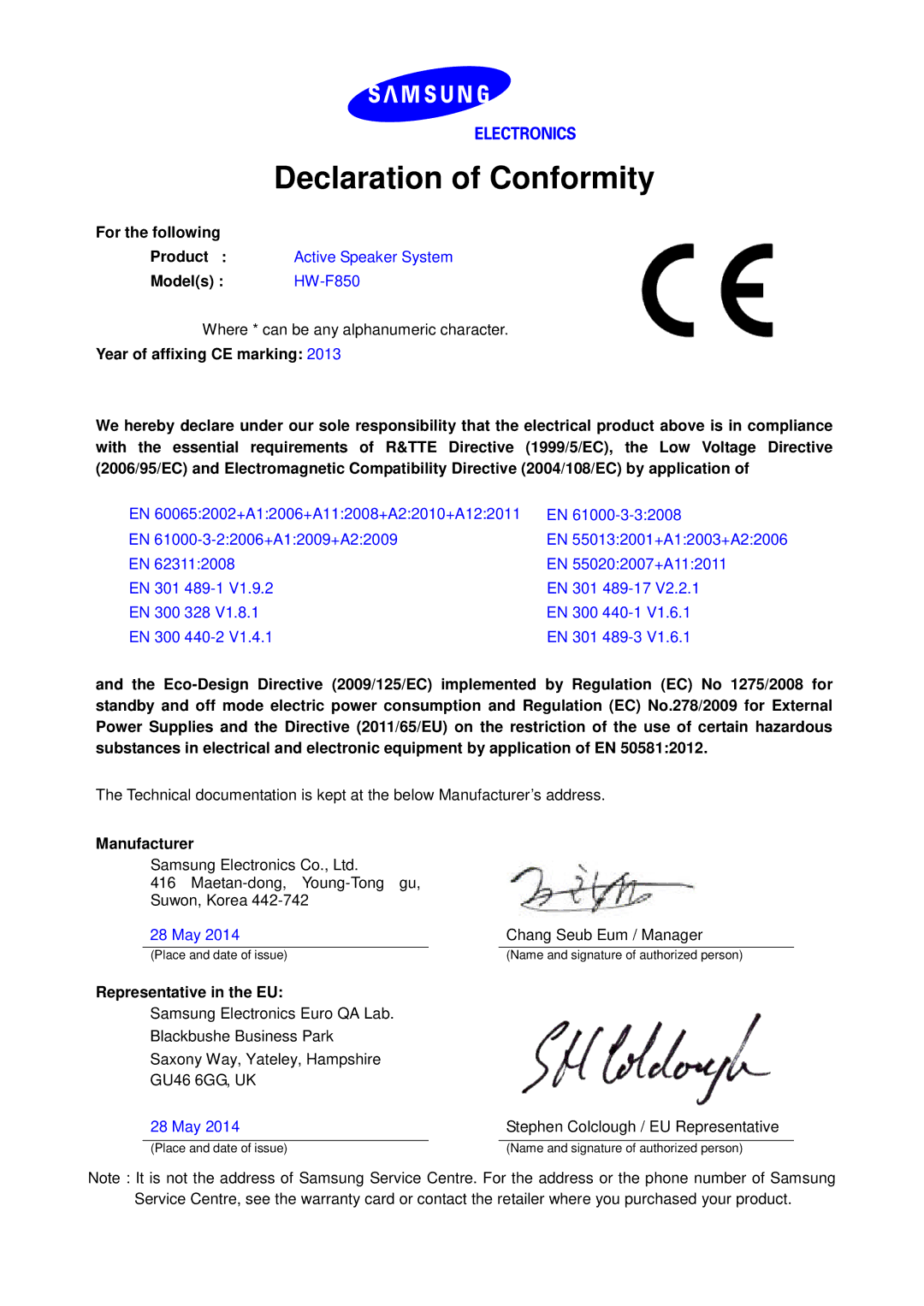 Samsung HW-F850/EN, HW-F850/ZG manual Declaration of Conformity, For the following, Models HW-F850, Manufacturer 