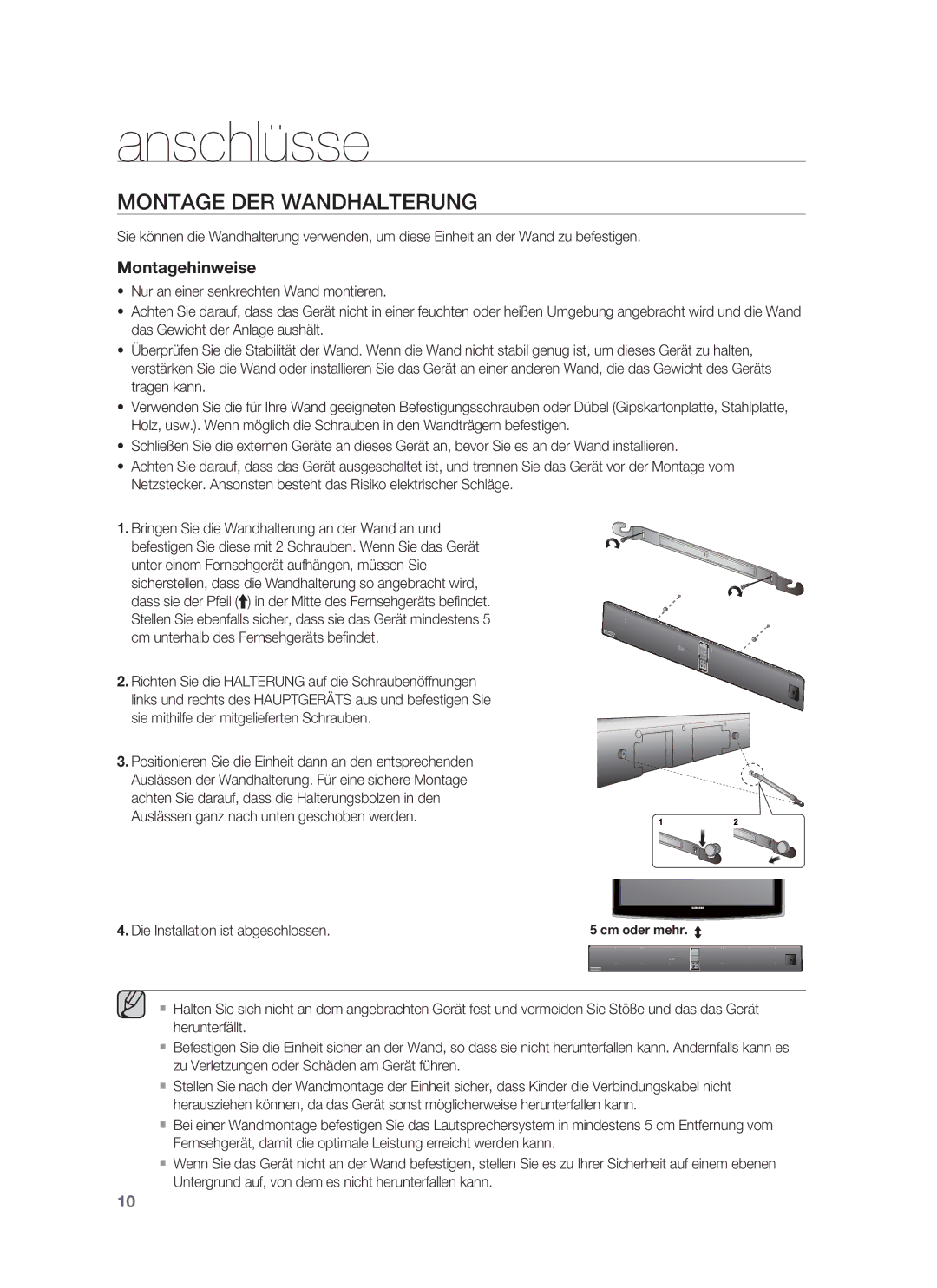 Samsung HW-F850/ZG, HW-F850/EN manual Anschlüsse, Montage DER Wandhalterung 