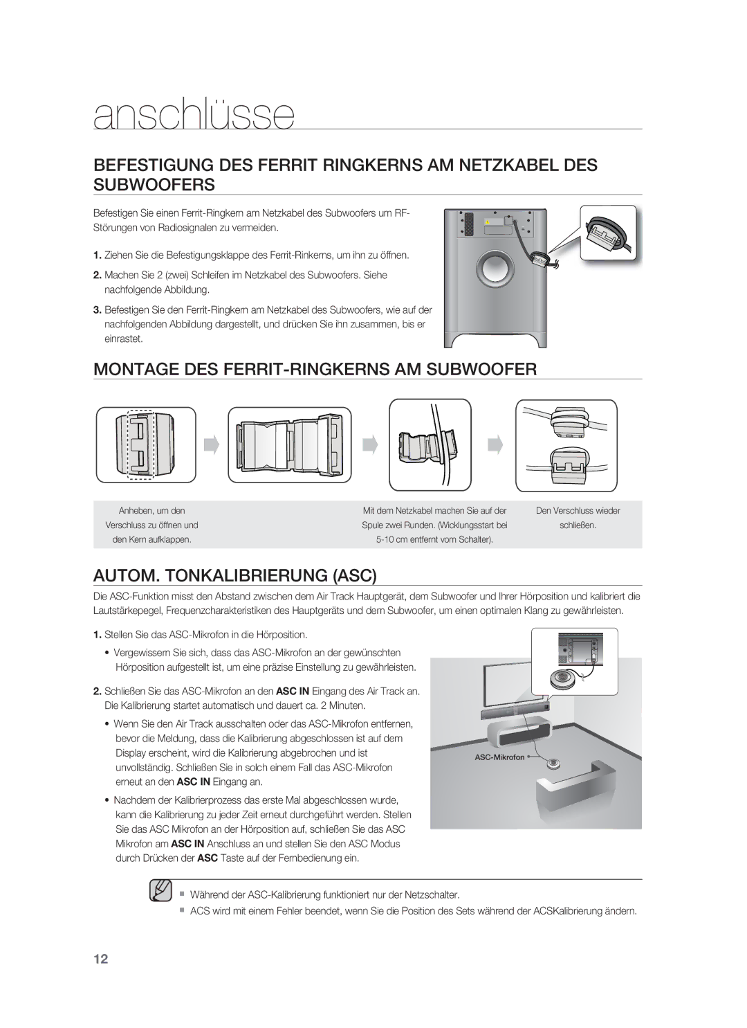 Samsung HW-F850/ZG, HW-F850/EN manual Montage DES FERRIT-RINGKERNS AM Subwoofer, AUTOM. Tonkalibrierung ASC 