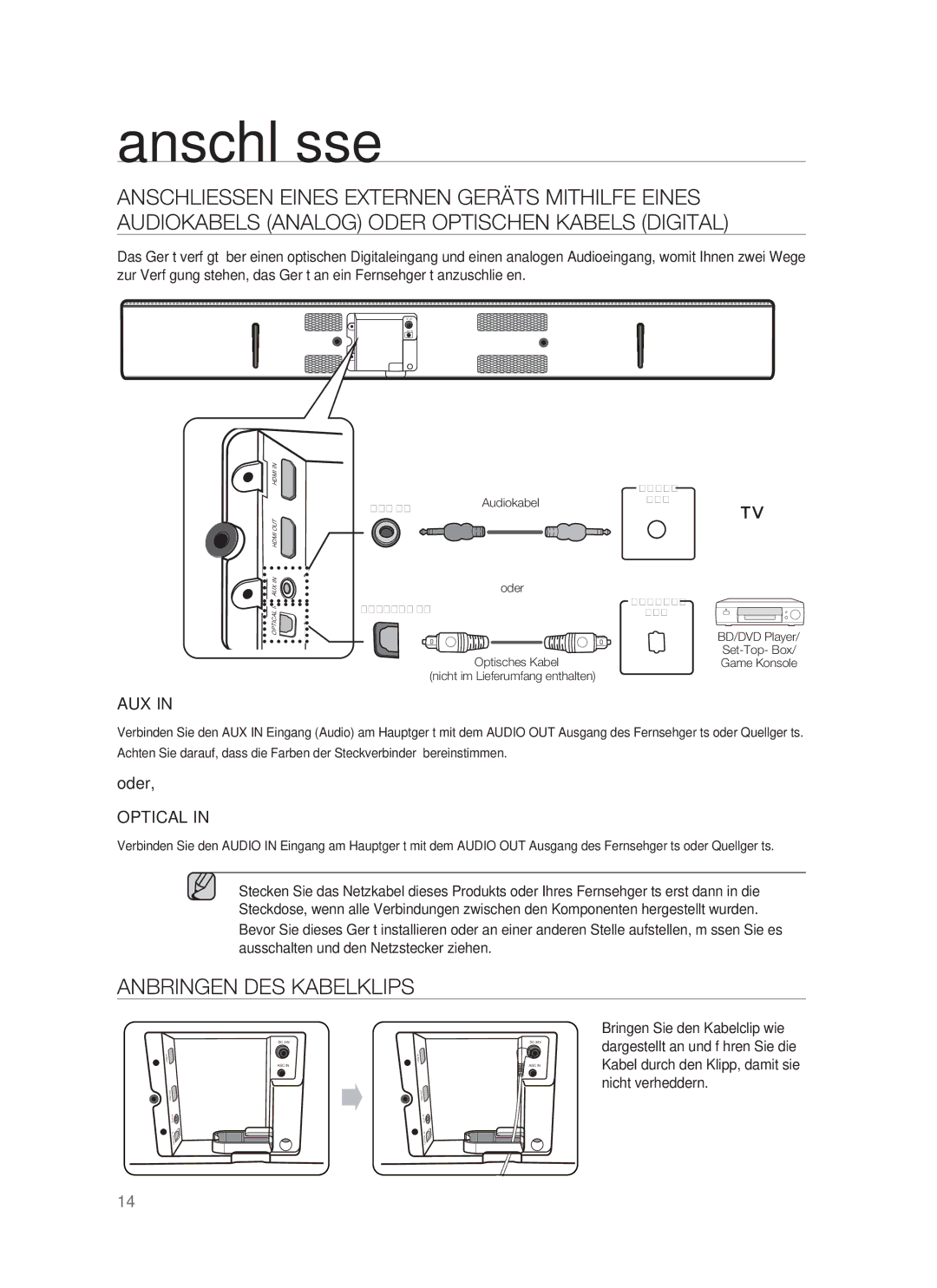 Samsung HW-F850/ZG, HW-F850/EN manual Anbringen DES Kabelklips, Aux 
