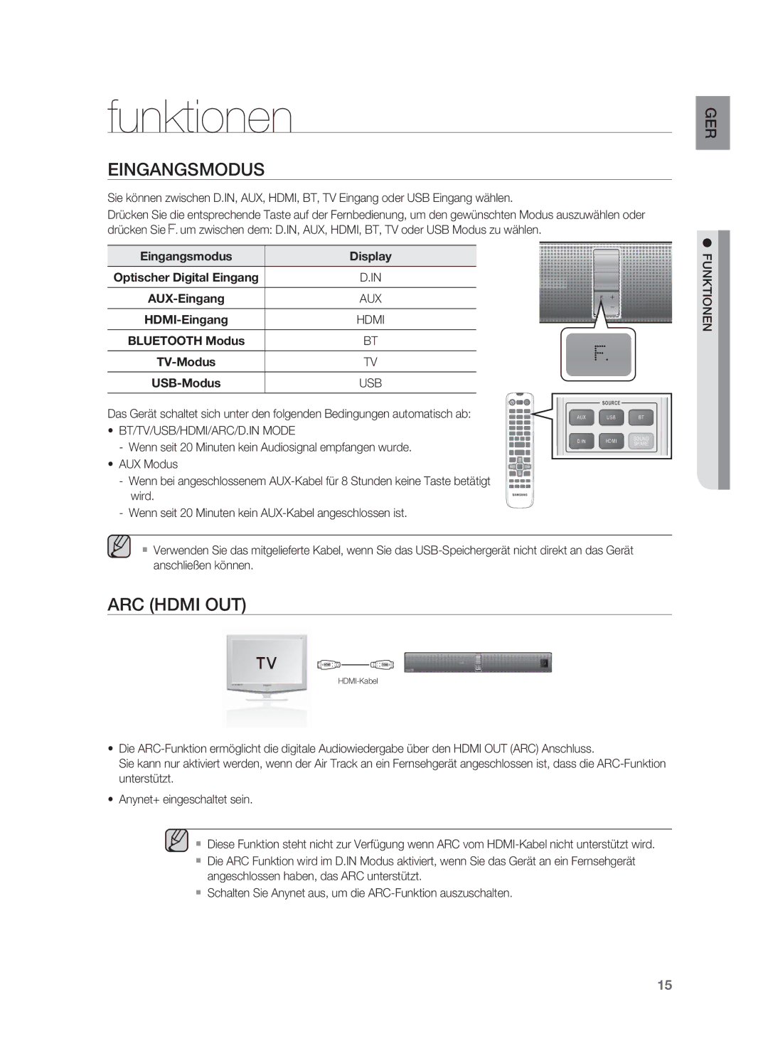 Samsung HW-F850/EN, HW-F850/ZG manual Funktionen, Eingangsmodus, ARC Hdmi OUT 