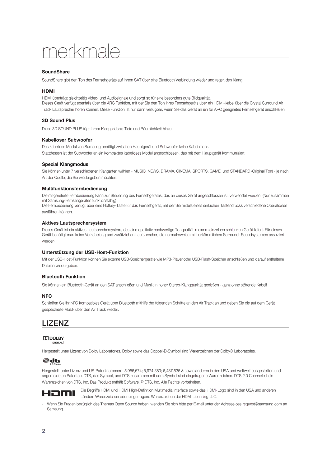 Samsung HW-F850/ZG, HW-F850/EN manual Merkmale, Lizenz 