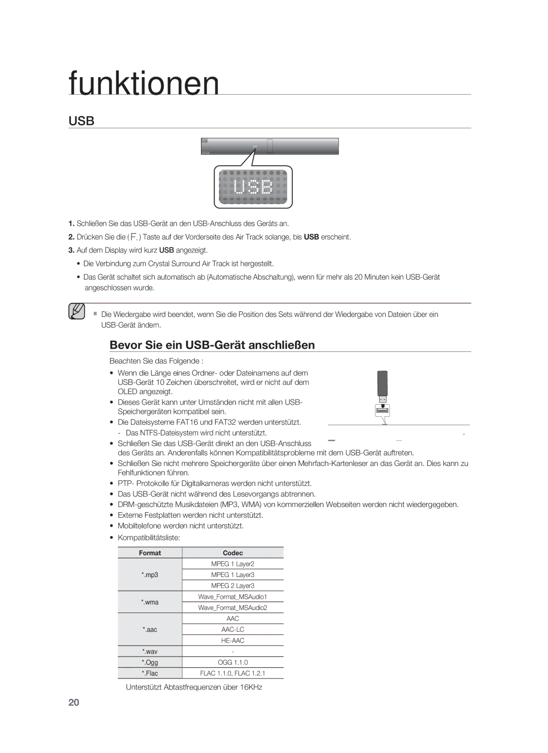 Samsung HW-F850/ZG, HW-F850/EN manual Usb, Bevor Sie ein USB-Gerät anschließen 