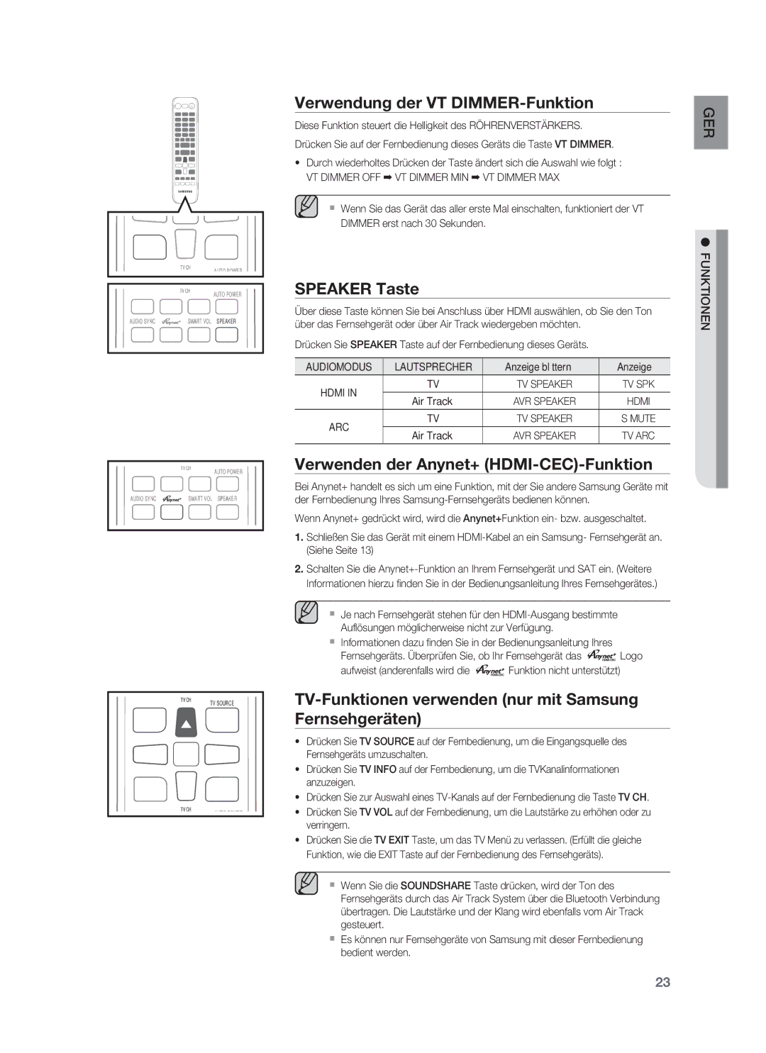 Samsung HW-F850/EN, HW-F850/ZG Verwendung der VT DIMMER-Funktion, Speaker Taste, Verwenden der Anynet+ HDMI-CEC-Funktion 