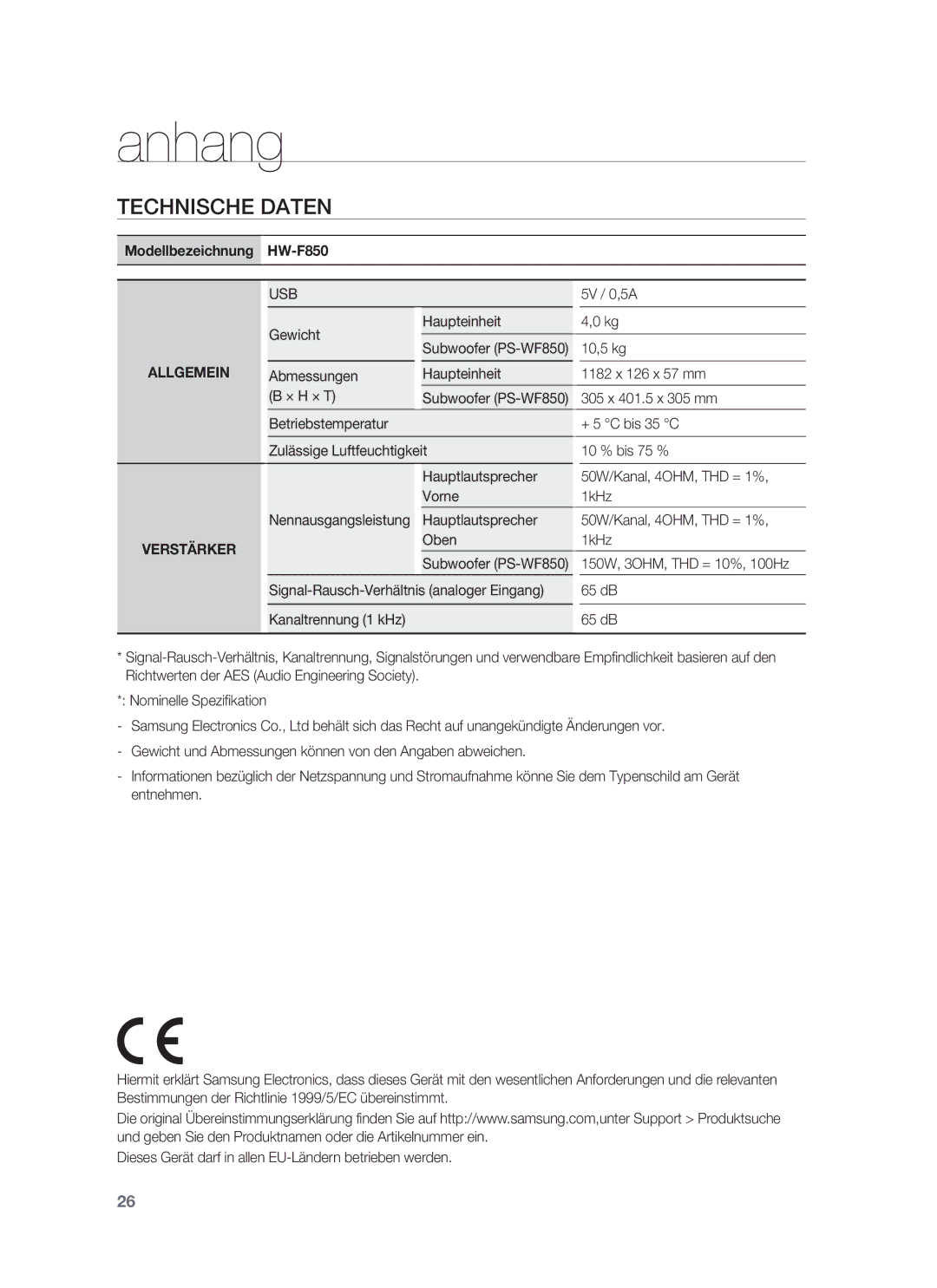 Samsung HW-F850/ZG, HW-F850/EN manual Anhang, Technische Daten 