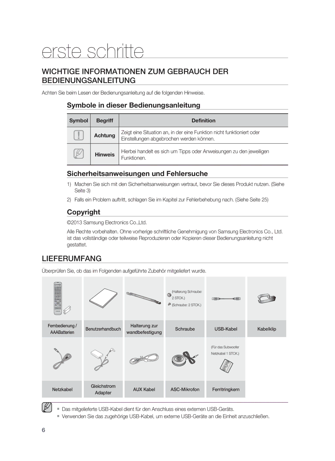 Samsung HW-F850/ZG, HW-F850/EN Erste schritte, Wichtige Informationen ZUM Gebrauch DER Bedienungsanleitung, Lieferumfang 