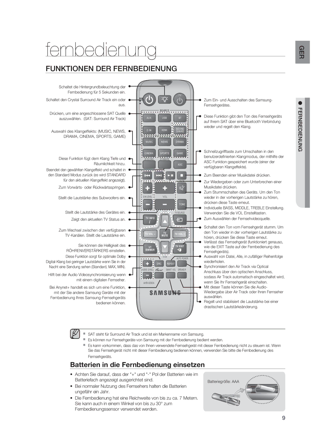 Samsung HW-F850/EN, HW-F850/ZG manual Funktionen DER Fernbedienung, Batterien in die Fernbedienung einsetzen 