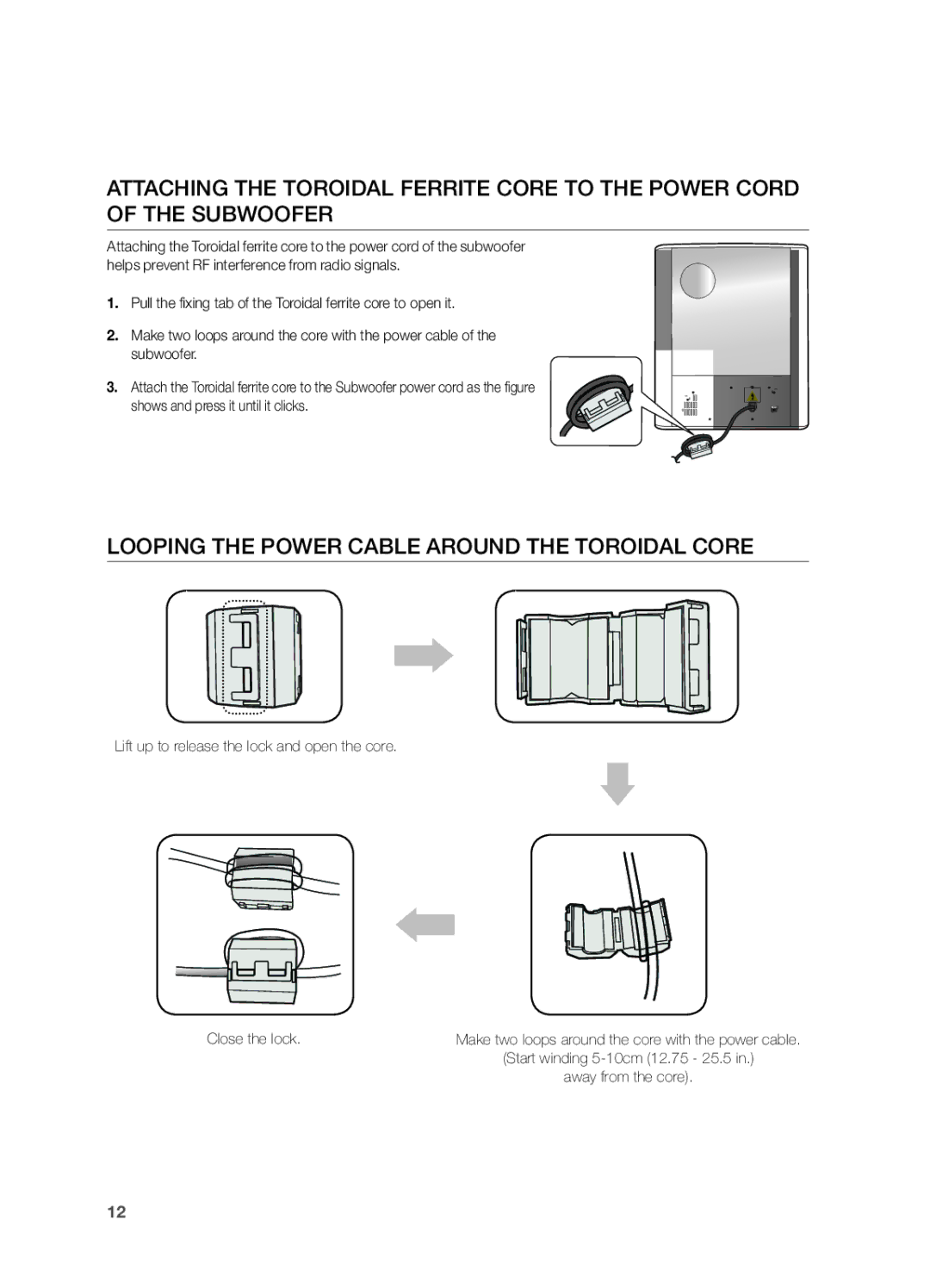 Samsung HW-FM55C user manual Looping the Power Cable around the Toroidal Core 