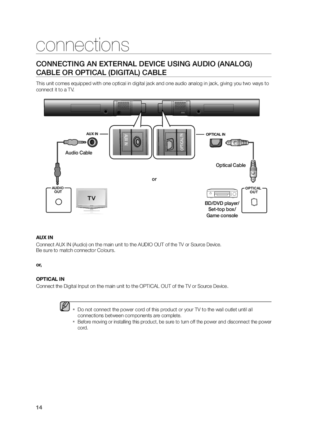 Samsung HW-FM55C user manual Audio Cable, Optical Cable, BD/DVD player Set-top box Game console 