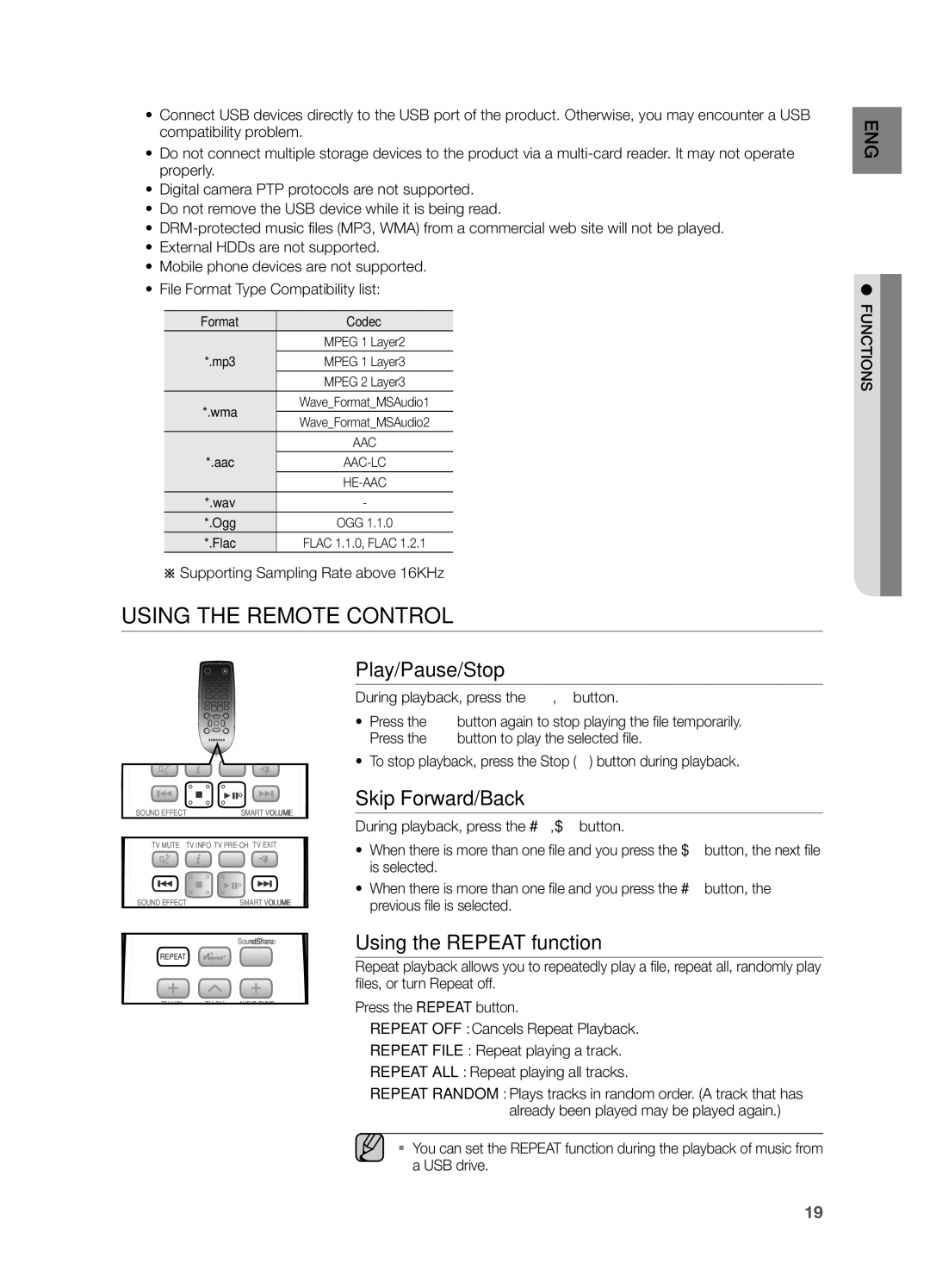 Samsung HW-FM55C user manual Power Play/Pause/Stop, Skip Forward/Back, Using the Repeat function 