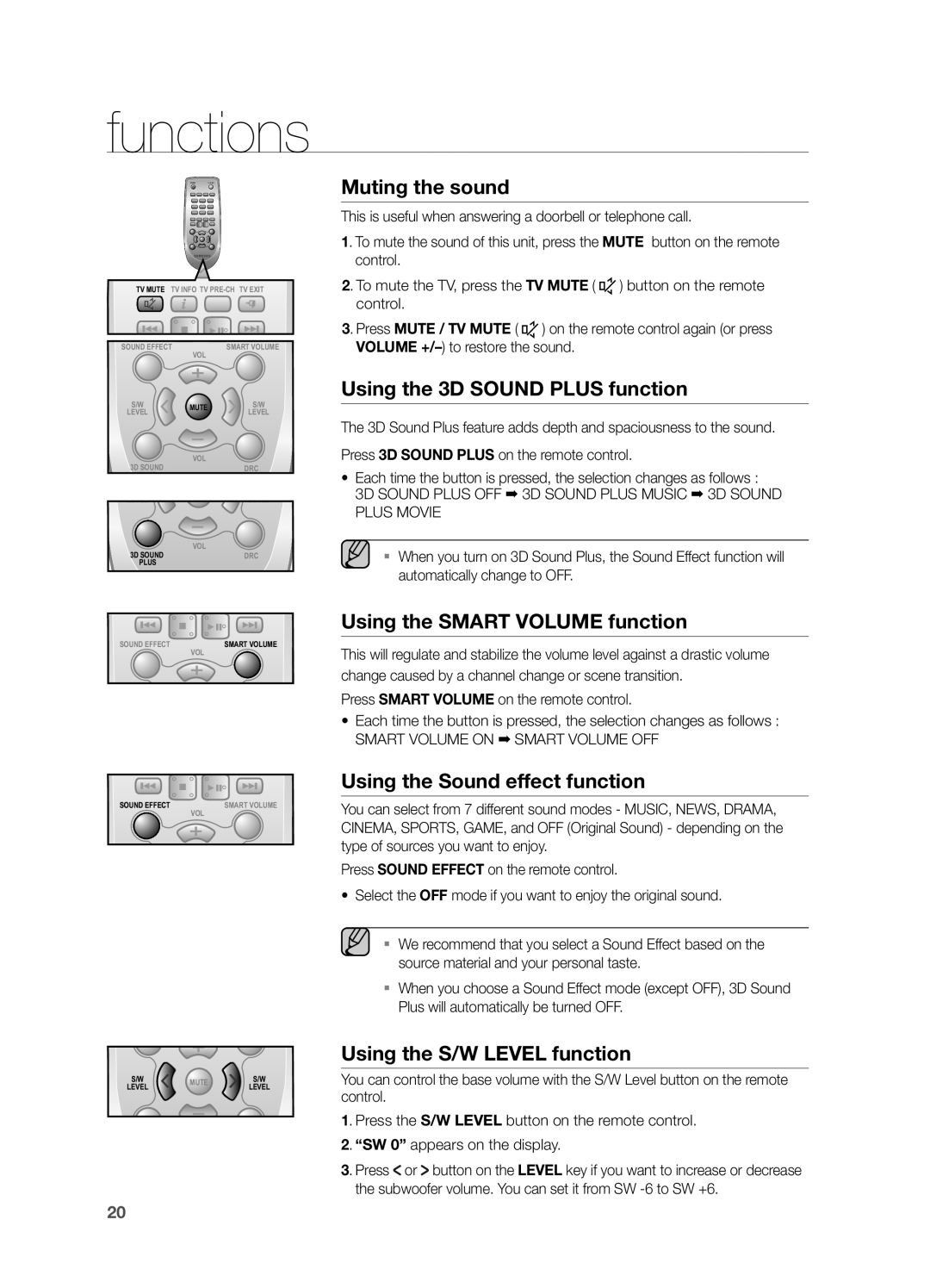 Samsung HW-FM55C user manual Muting the sound, Using the 3D Sound Plus function, Using the Smart Volume function 